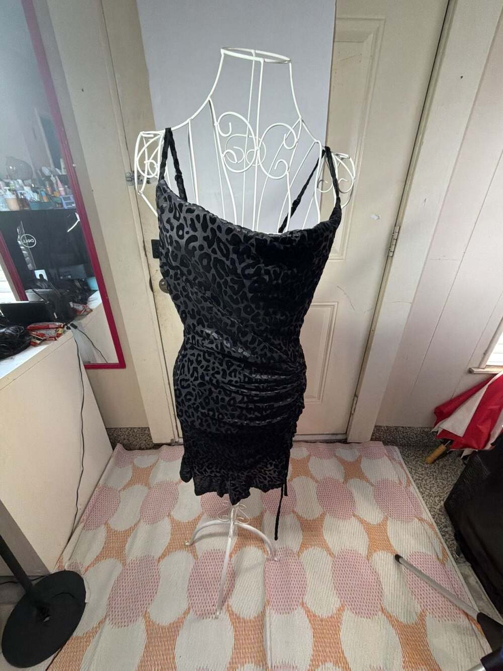 IRIS Black Velvet Leopard Print Ruched Cami Mini Dress Small